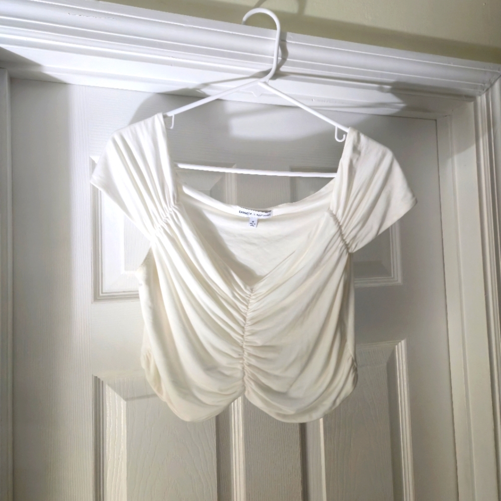 EXPRESS X ROCKY BARNES Elegant White Ruched Top Size M - Picture 1 of 3